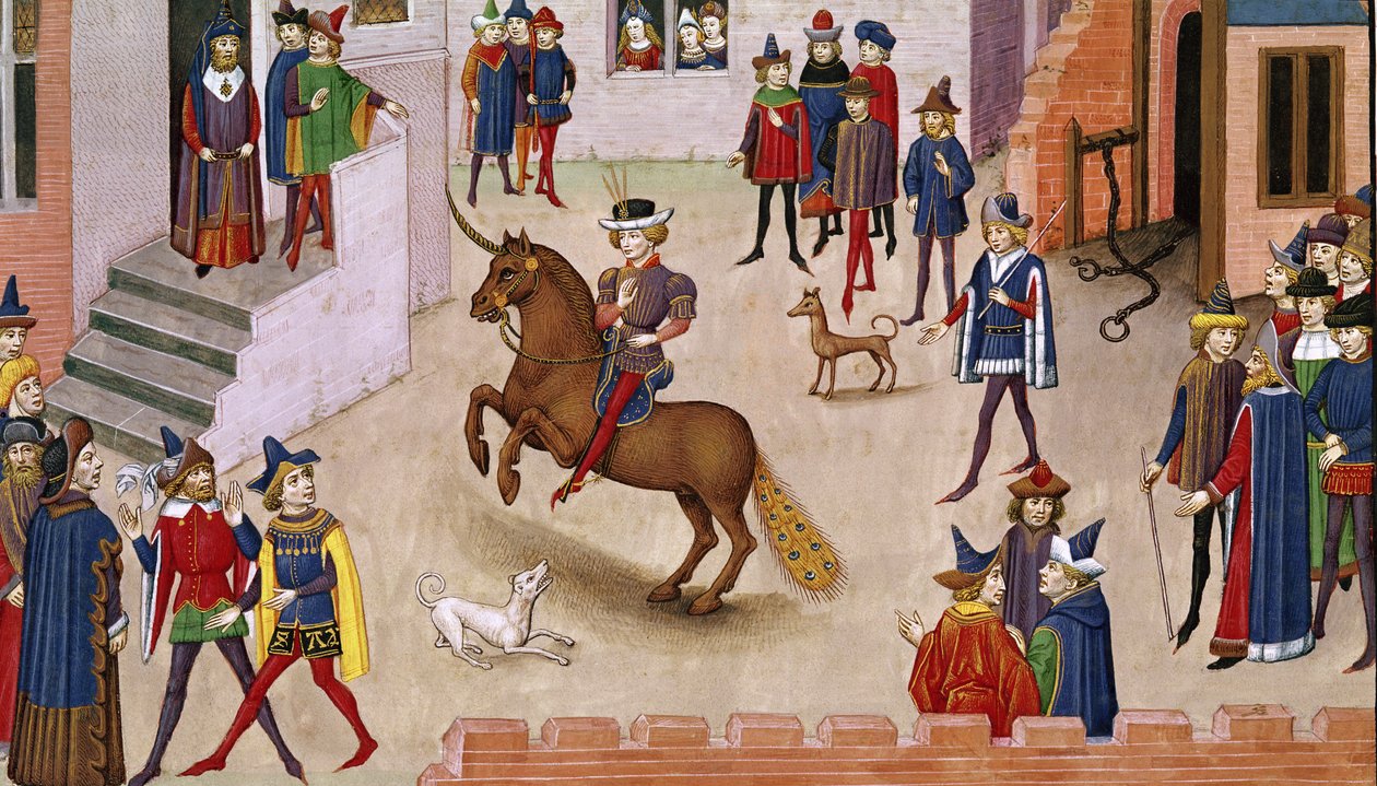 Fol.17v Hoe Alexander de Grote (356-323 v.Chr.) Bucephalus besteeg, uit de Histoire du Grand Alexandre 1460 door French School