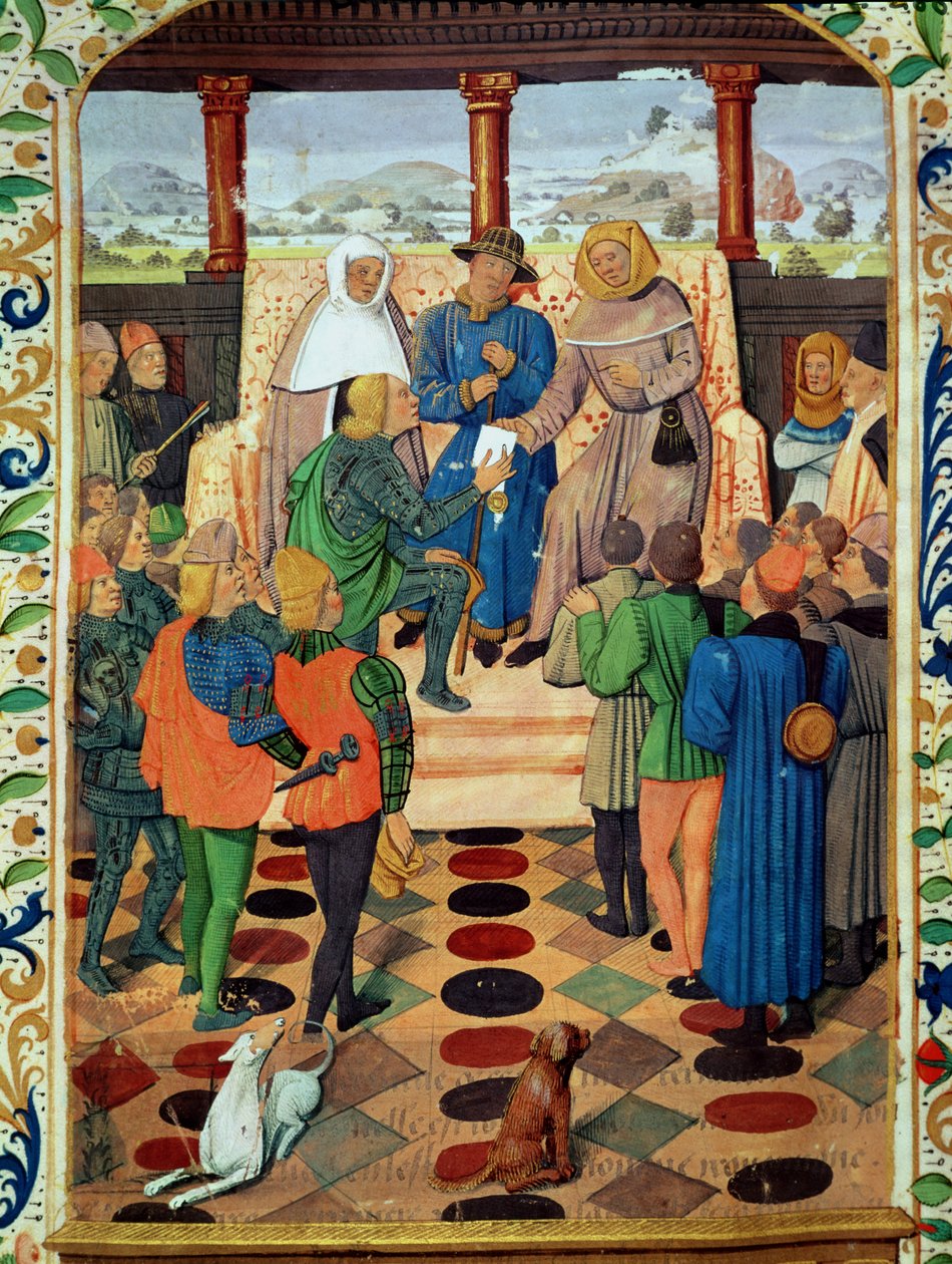 Fol.185v Karel VII (1403-61) geeft een document aan Jeanne d