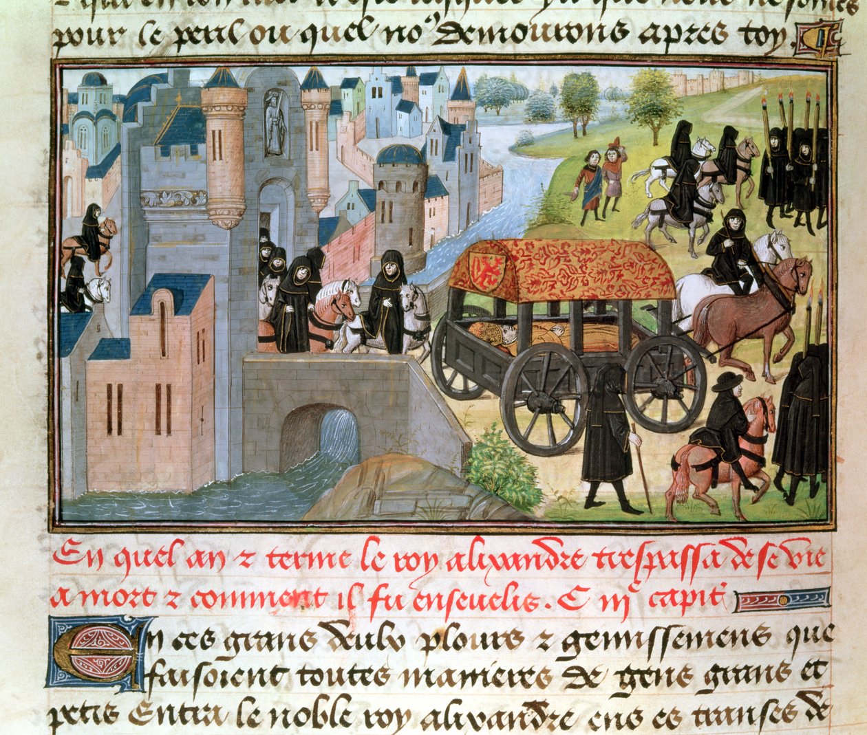 Fol.305v Hoe Alexander de Grote (356-323 v.Chr.) stierf en werd begraven, uit het manuscript van Jean Vauquelin, uit de Histoire du Grand Alexandre, 1460 door French School