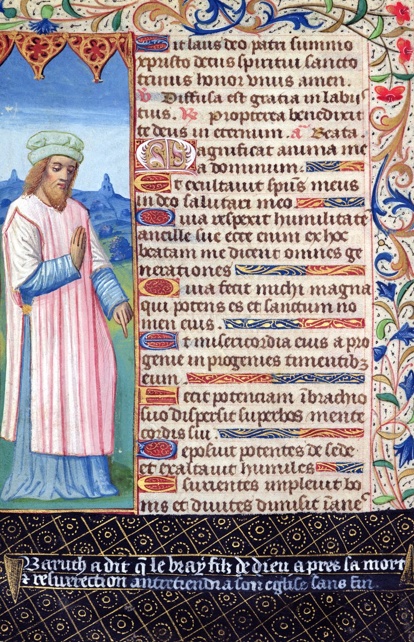 Fol.36v Tekst van het Magnificat met een portret van Baruch, uit Heures a l