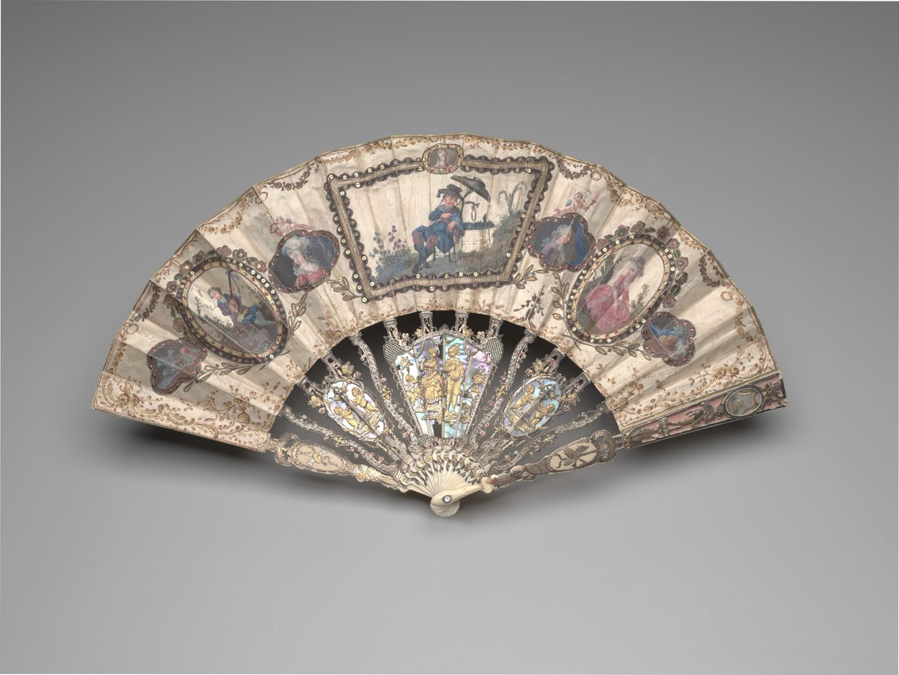 Vouwwaaier met een chinoiserie scène, portretten, pastorale figuren en stillevens door French School
