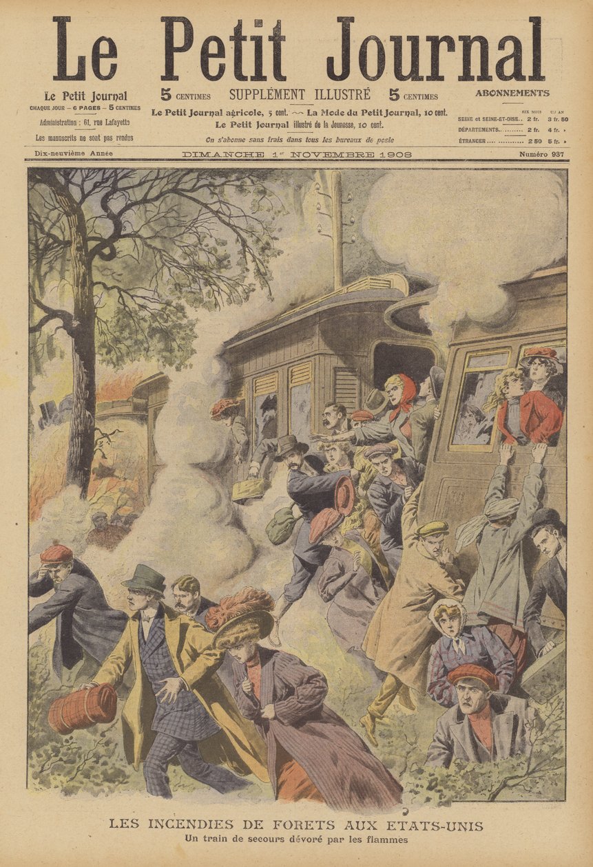 Bosbranden in de Verenigde Staten (kleurenlitho) door French School