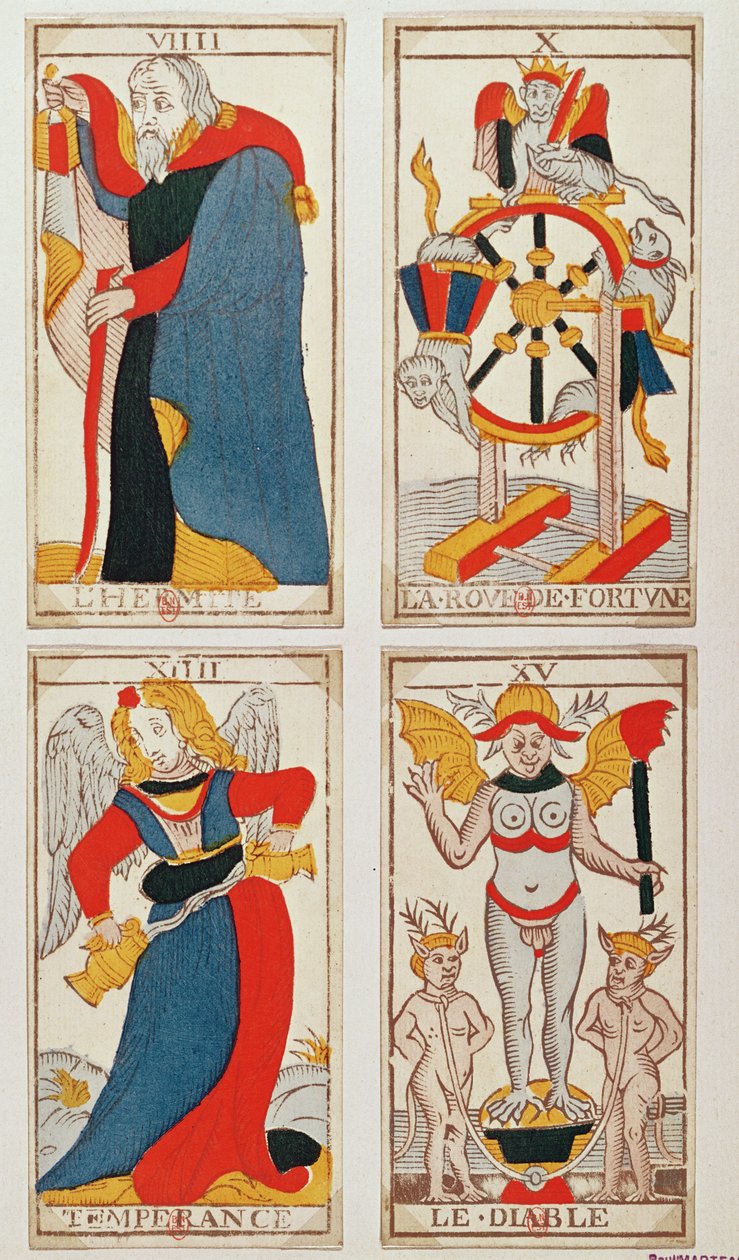 Vier tarotkaarten met afbeelding van De Kluizenaar, Het Rad van Fortuin, Gematigdheid en De Duivel (gekleurde houtsnede) door French School