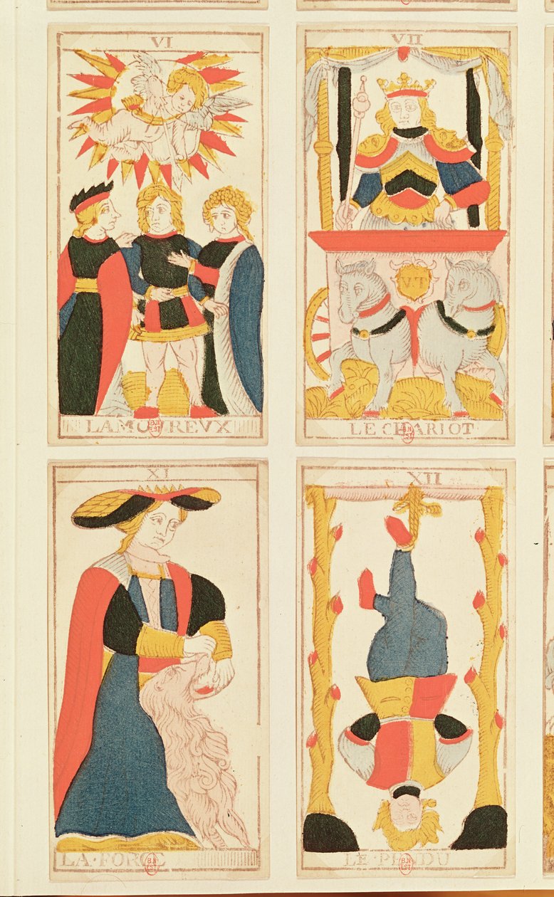 Vier tarotkaarten met afbeelding van De Geliefden, De Zegewagen, Kracht en De Gehangene (gekleurde houtsnede) door French School