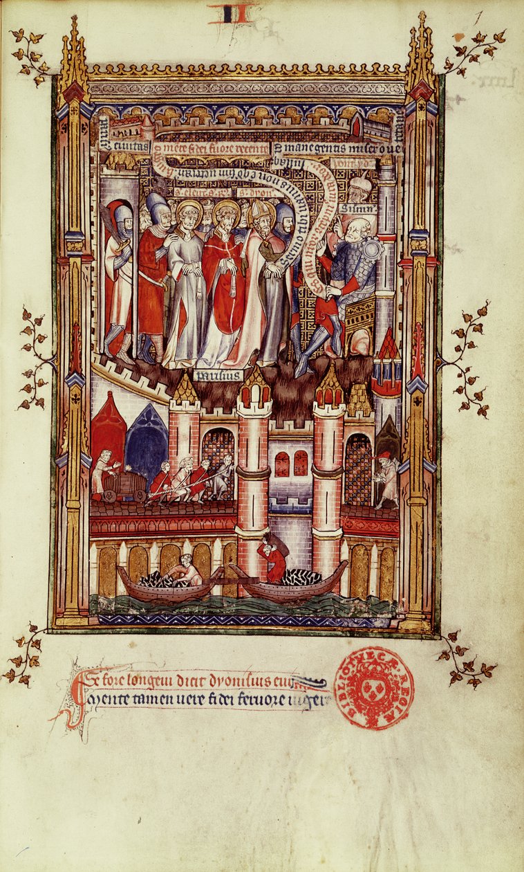 Het eerste verhoor van St. Denis en zijn metgezellen door Sisinnius, uit Vie de St. Denis, 1317 door French School