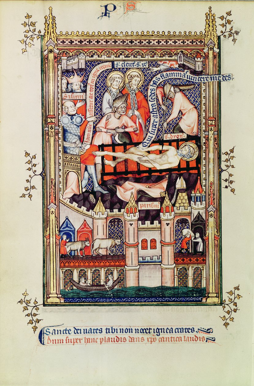 St. Denis wordt gemarteld op het rek, uit Vie de St. Denis, 1317 door French School
