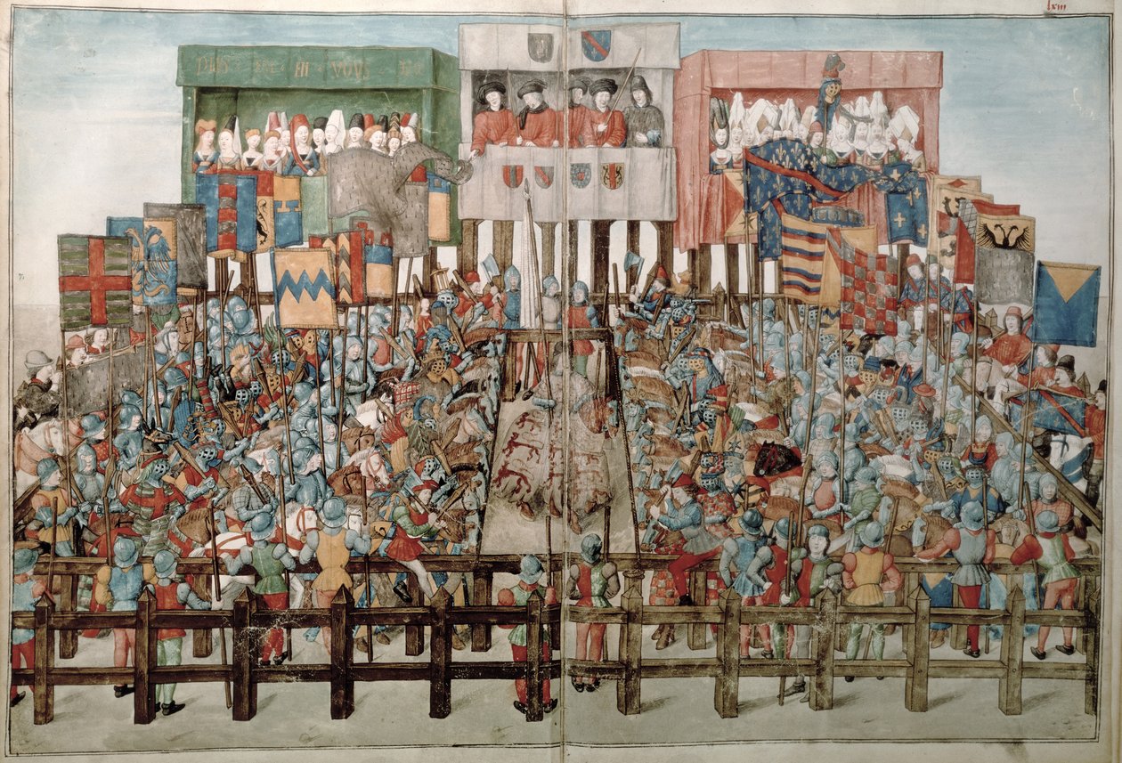 Koning René die een toernooi voorzit, uit Livre des Tournois de René d
