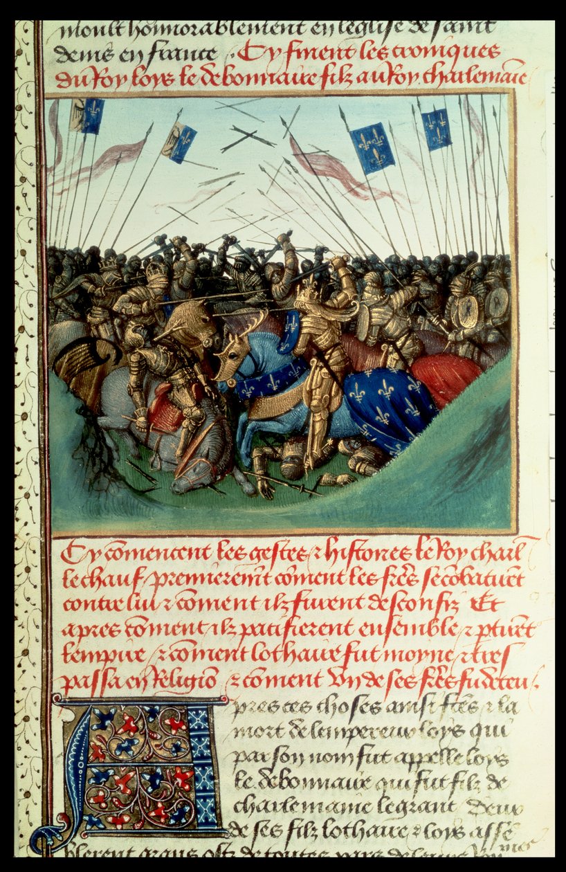 Lotharius I (795-855) keizer van het Westen in gevecht met zijn broers Lodewijk de Duitser (ca.804-76) en Karel de Kale (823-77) bij Fontenoy en Puisaye in 841 door French School