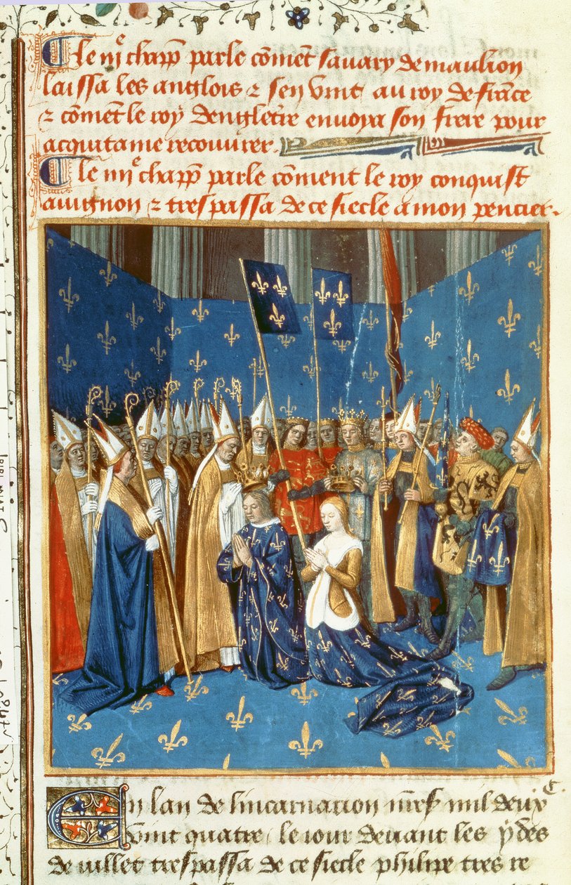 Kroning van Lodewijk VIII (1187-1226) en Blanca van Castilië in Reims in aanwezigheid van de koning van Jeruzalem door French School