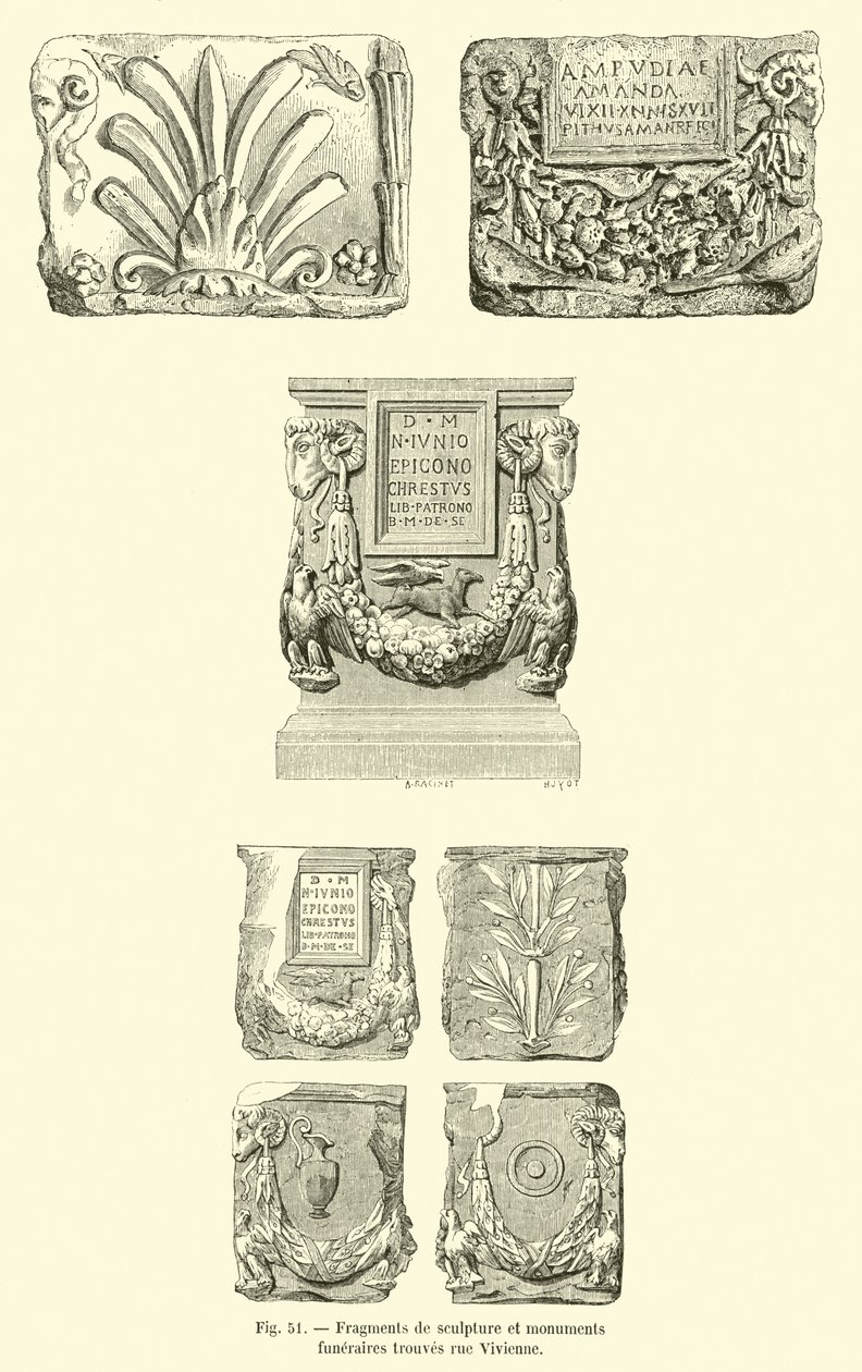 Fragmenten van beeldhouwwerk en grafmonumenten gevonden in de rue Vivienne (gravure) door French School
