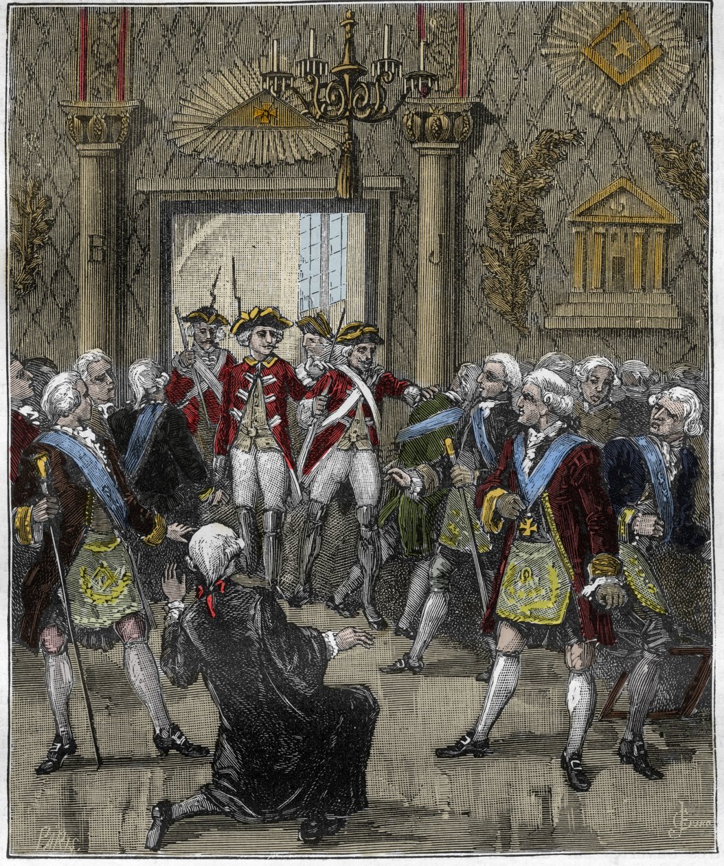 Vrijmetselarij in Hotel de Soisson in Parijs in juni 1745: Vrijmetselaarsceremonie onderbroken door de komst van een politiecommissaris. Gravure in 