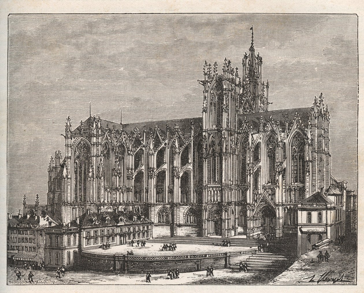 Frankrijk, Lorraine, Moselle (57), Metz: De kathedraal Saint Etienne de Metz - gravure in 