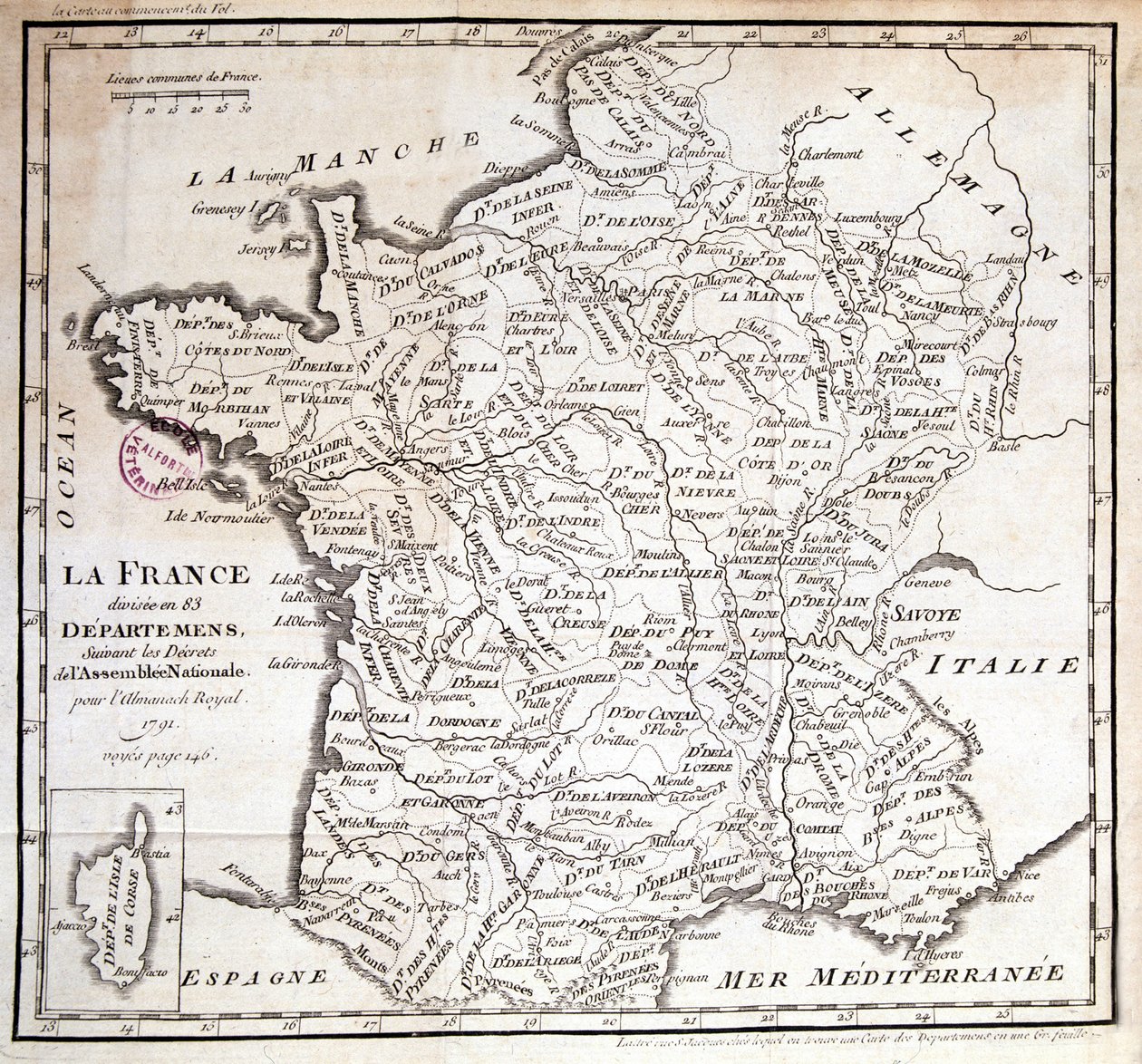 Frankrijk verdeeld in 83 departementen volgens de decreten van de Nationale Vergadering van 1791 door French School
