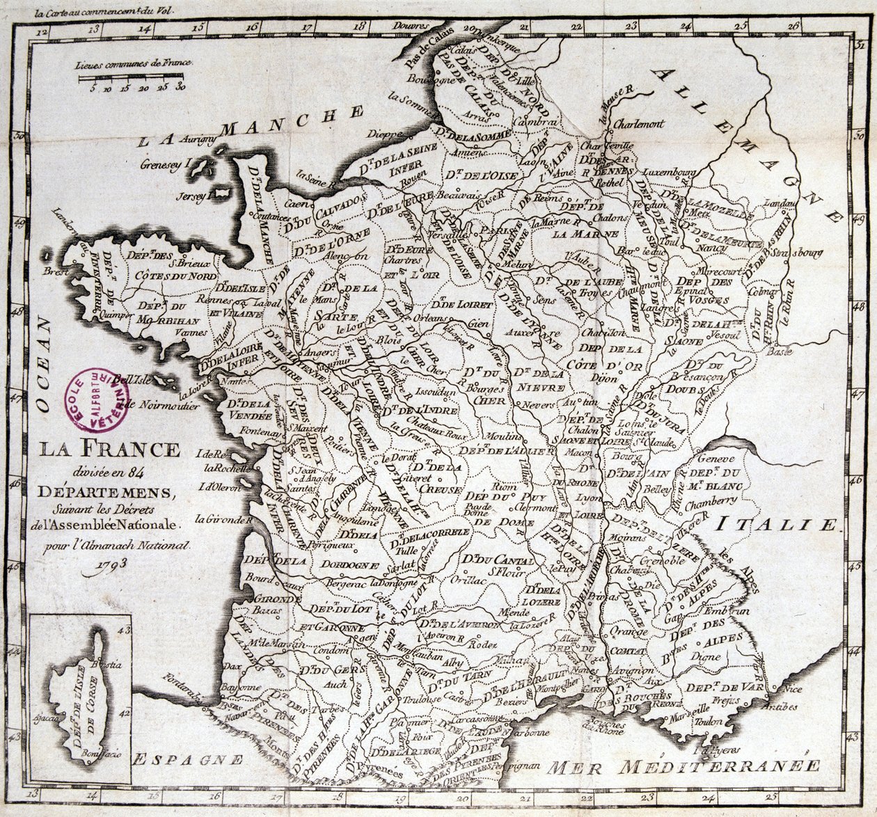 Frankrijk verdeeld in 84 departementen volgens de decreten van de Nationale Vergadering van 1793 door French School