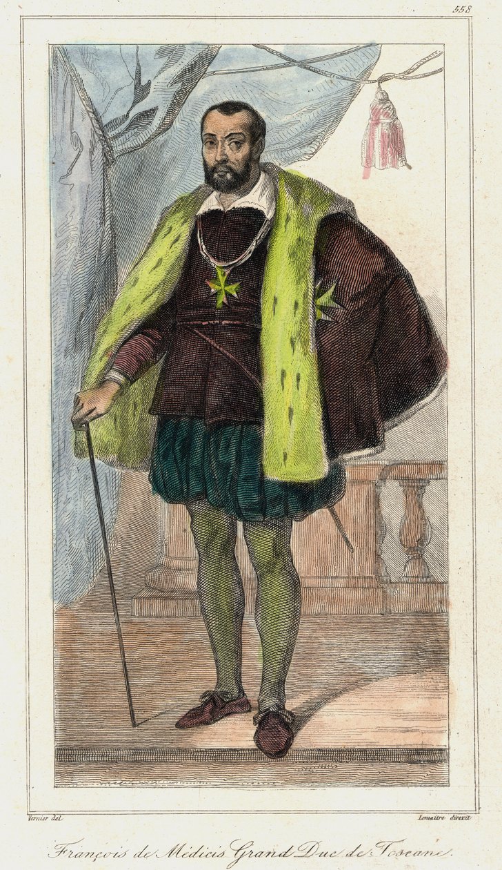 Francesco de Medici (Francis de Medicis), Groothertog van Toscane (1541-1587), vader van Maria de Medici. Gravure 19e eeuw door French School