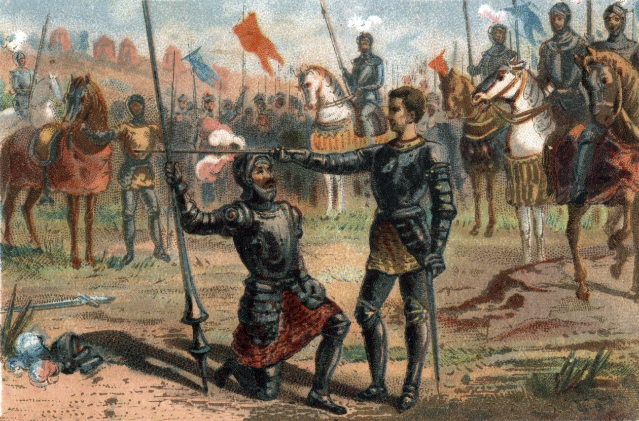 Francis I van Frankrijk vraagt om geridderd te worden door de Chevalier Bayard na de overwinning in de Slag bij Marignano, Italië. door French School