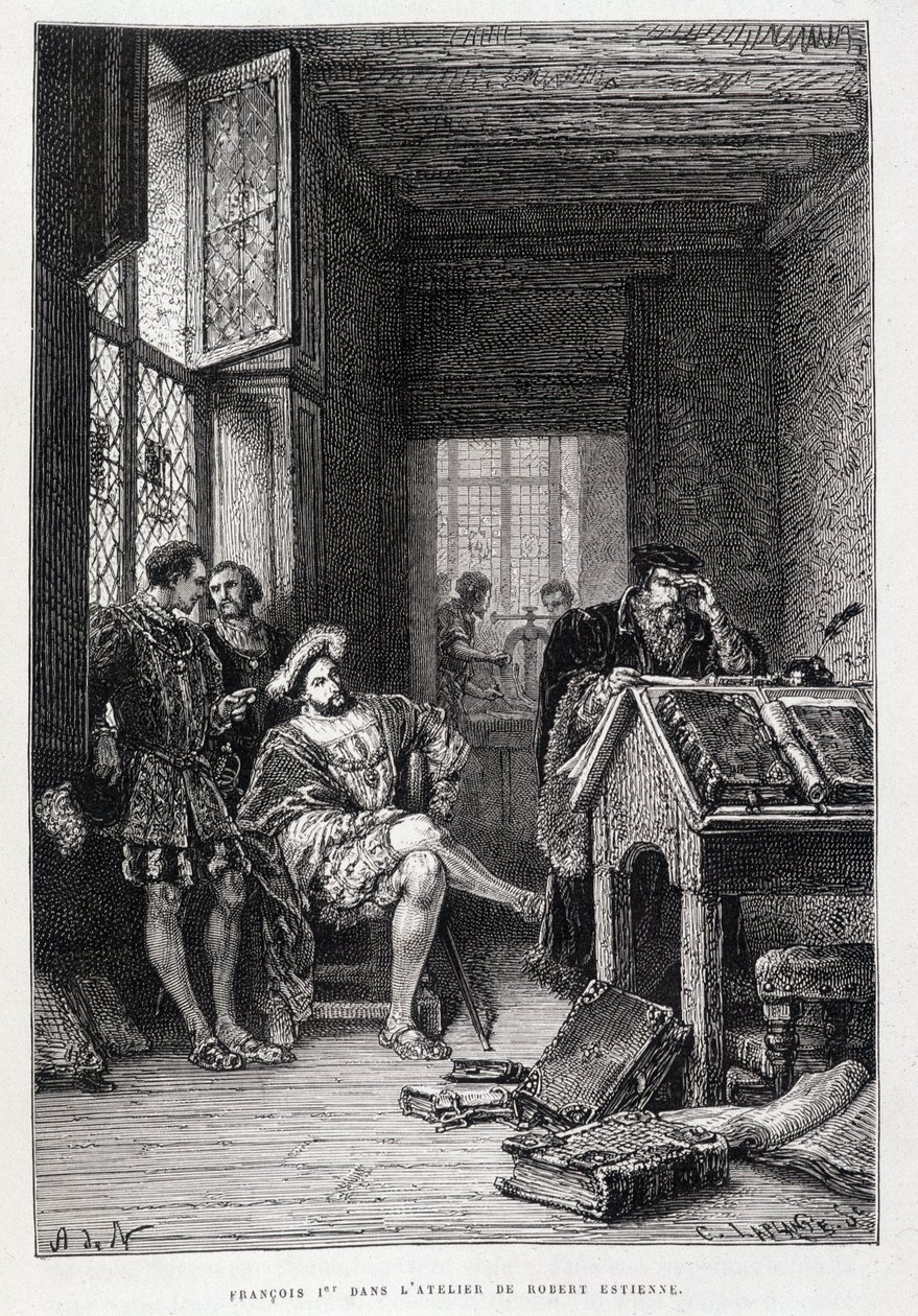 Francois I in de studio van Robert Estienne - gravure door French School