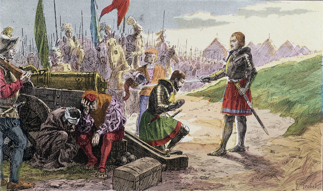 Francois I, ridder door Bayard, in Marignan - Illustratie 19e eeuw. door French School