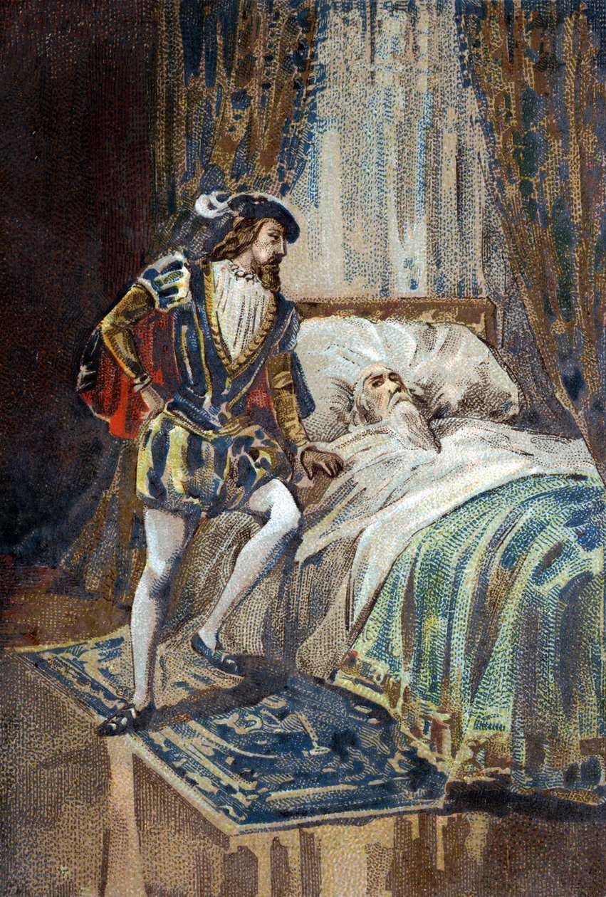 Francois I, koning van Frankrijk, ontvangt de laatste zuchten van Leonardo da Vinci in Clos Lucé. door French School