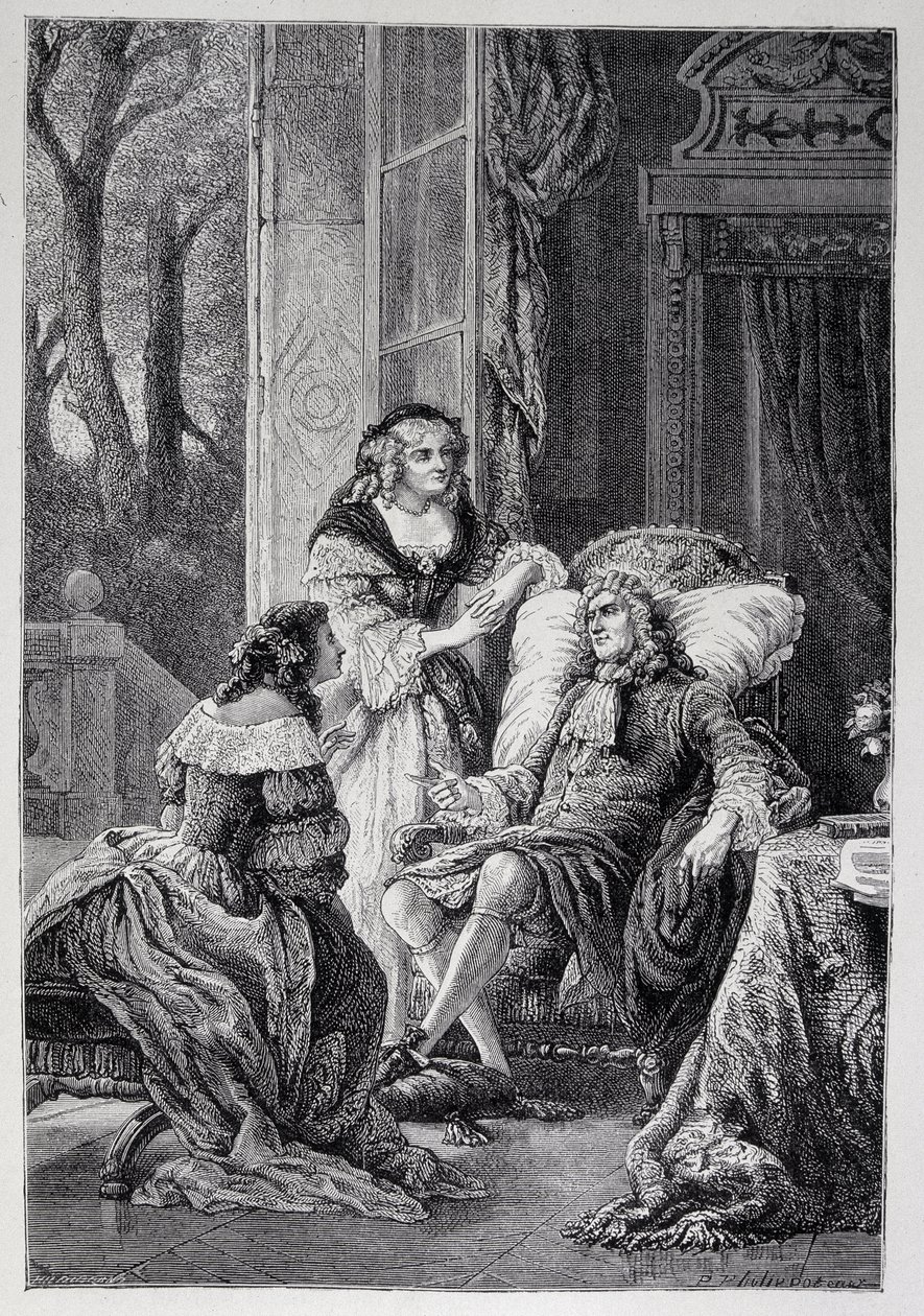 Francois de la Rochefoucauld (1613-1680) in gesprek met Mademoiselle de Sevigne (Marie de Rabutin-Chantal), Marquise de Sevigne genaamd Madame de Sevigne (1626-1696) en Marie-Madeleine Pioche de La Vergne, gravin de Lafayette (Madame de la Fayette) door French School