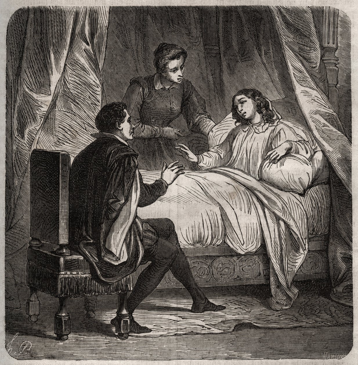 Francoise de Foix, Gravin van Chateaubriant (ca. 1495-1537), ziek, ontvangt Clement des Marets genaamd Marot (1496-1544), de knecht van Francois 1e, in bed. Gravure uit 1871 in 