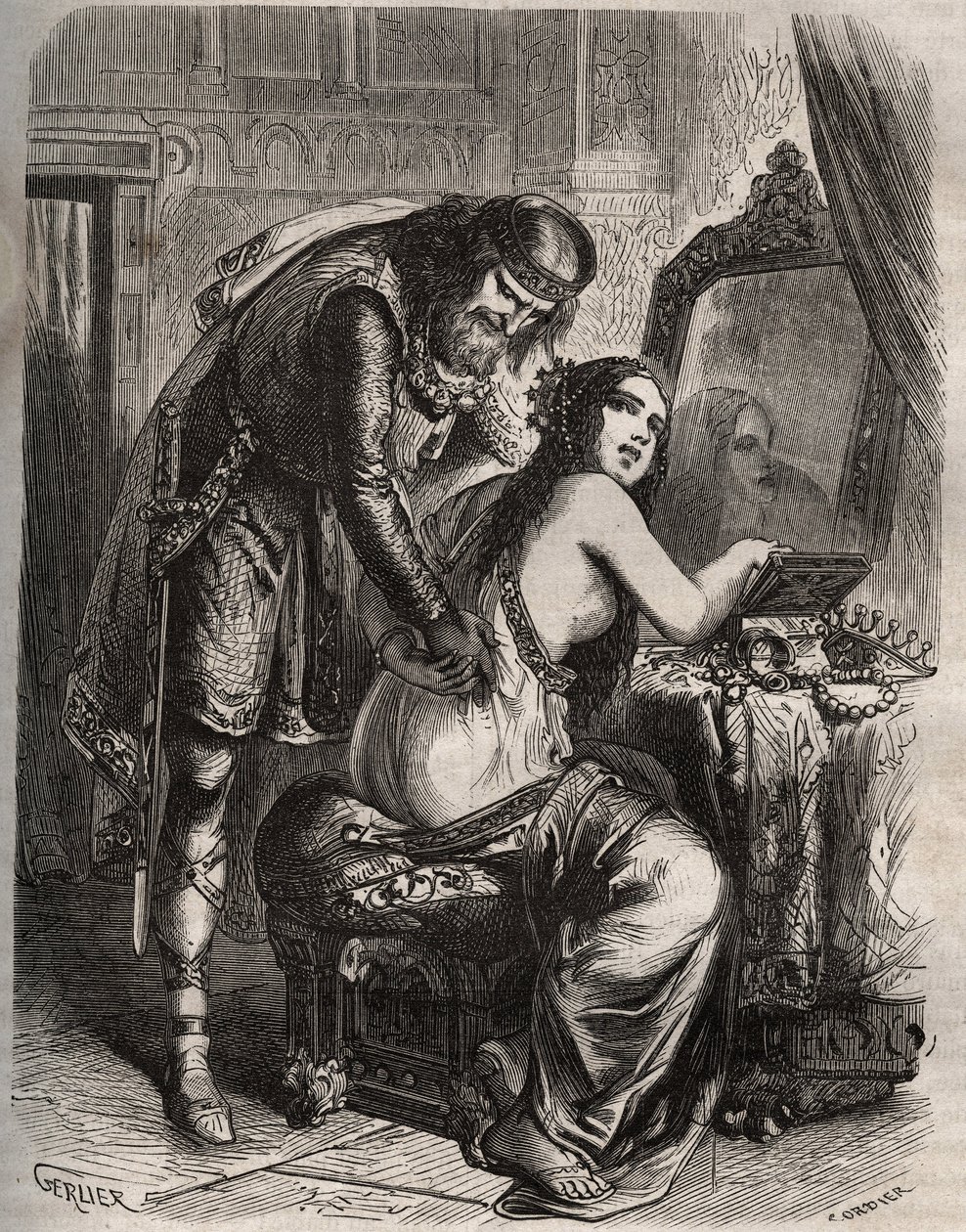 Fredegonde (545-597) neemt haar man, koning van de Franken Chilperic I (543-597), voor haar minnaar, Landeric. De koning ontdekt dat zijn vrouw hem bedriegt. Gravure uit 1871 in 