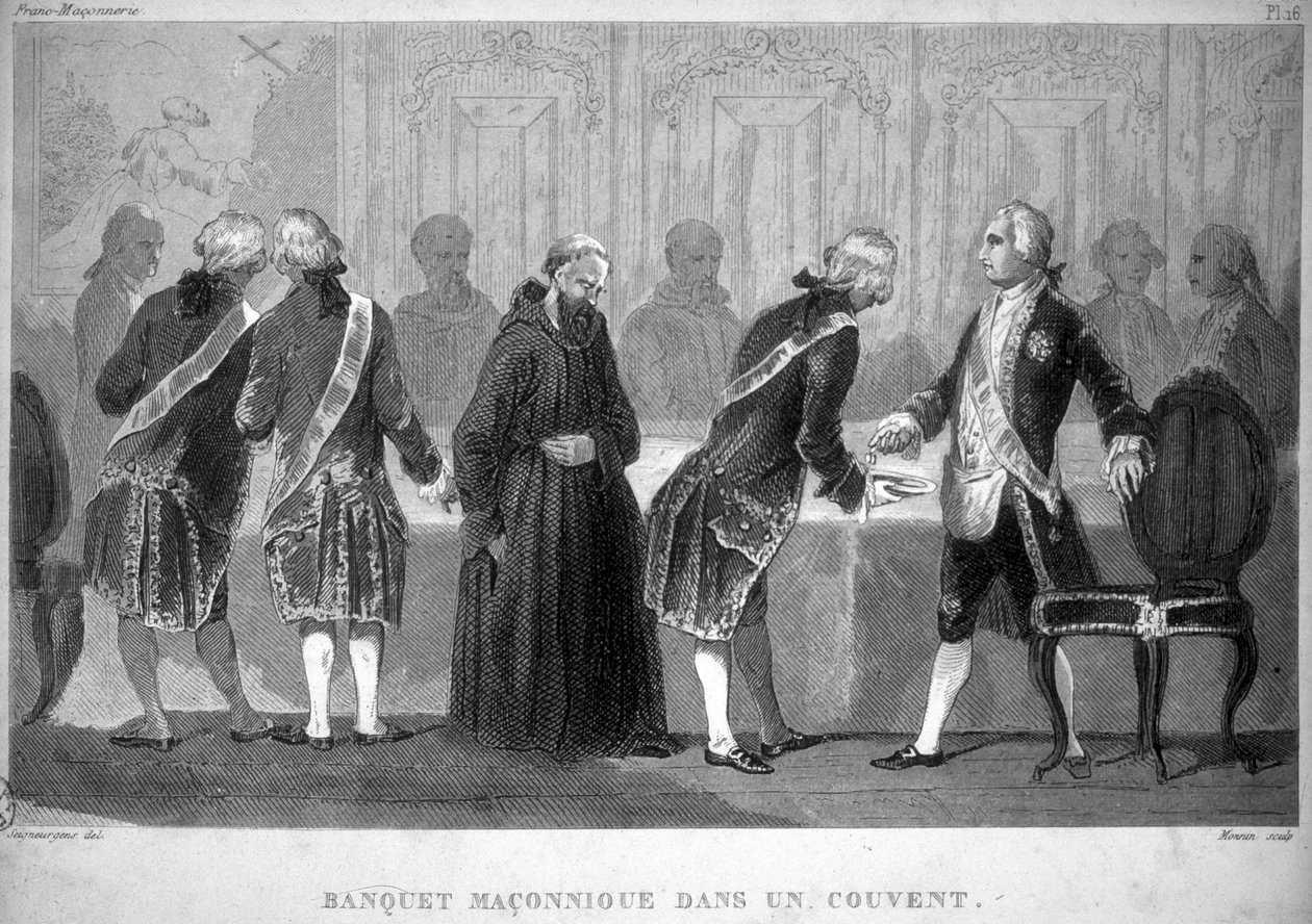 Vrijmetselarij: Maconnic banket in een klooster. Gravure uit 