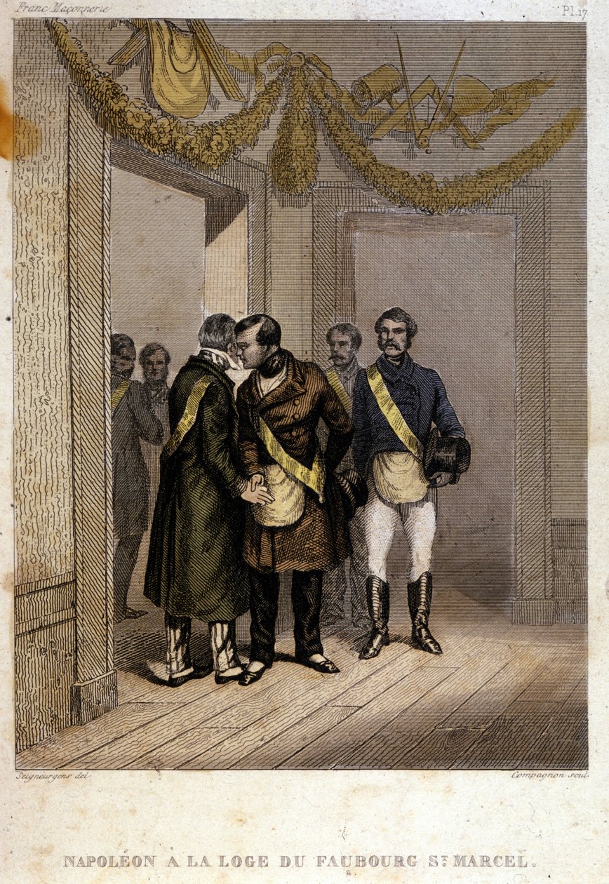 Vrijmetselarij: Napoleon Joseph Charles Paul Bonaparte, bijgenaamd Prins Jerome of Plonplon, wordt geïdentificeerd bij de ingang van de Tempel van Faubourg Saint Marcel. Gravure uit 
