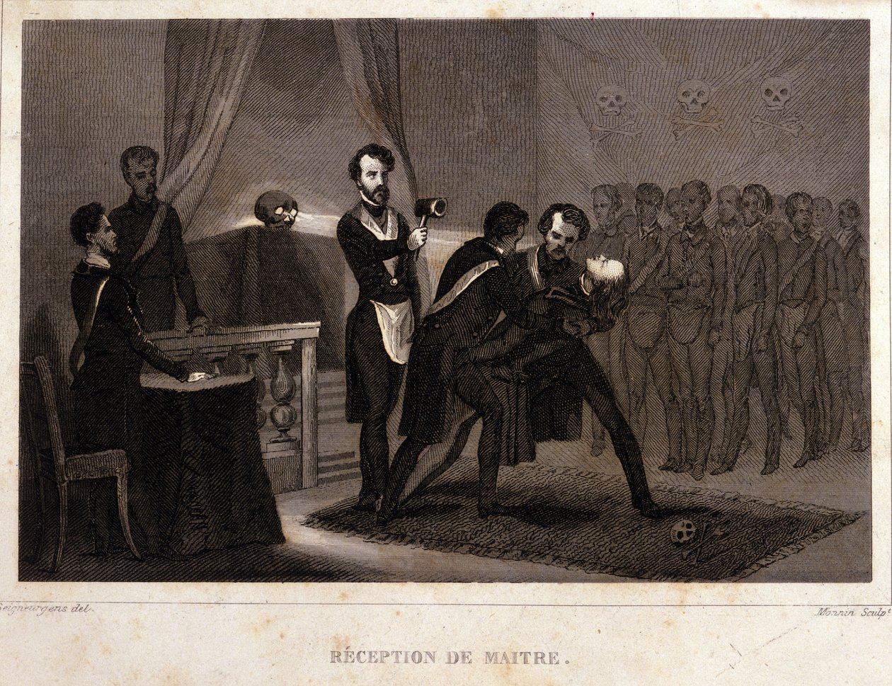 Vrijmetselarij: ontvangst- en inwijdingsritueel van de Meester. Gravure uit 