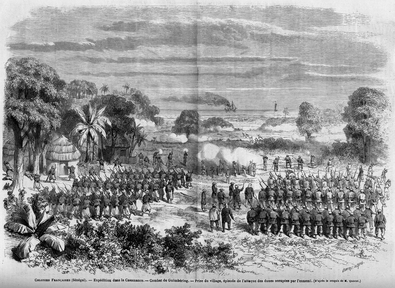 Franse koloniën (Senegal) 1865: Expeditie in Casamance. Slag bij Guimbering, verovering van het dorp, episode van de aanval op de door de vijand bezette duinen. door French School