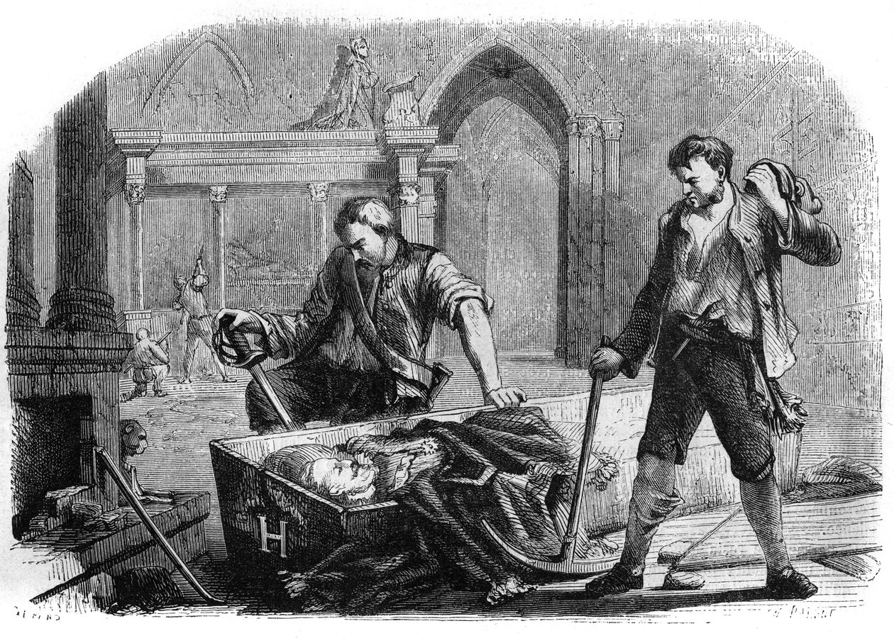 Franse Revolutie (Conventie): opening van de kist van Koning Hendrik IV tijdens de ontheiliging van de koninklijke graven van de kerk van Saint Denis in 1793. Gravure uit 1860. door French School