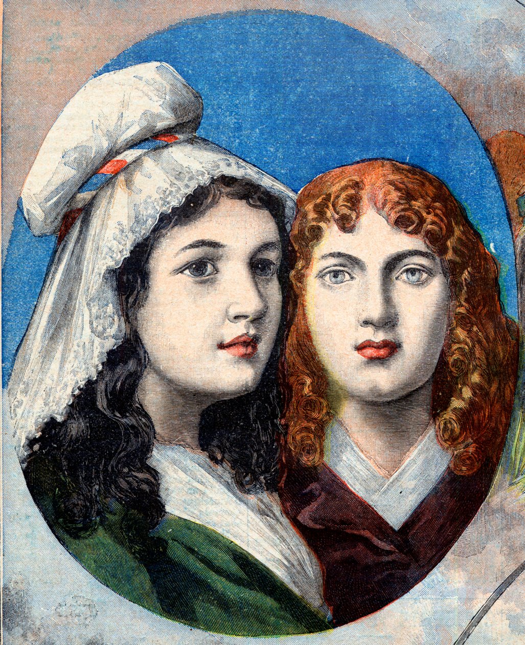 Franse Revolutie - De Franse heldinnen: de zusters Félicité (1770-1841) en Théophile (1875-1819) door Fernig die verkleed als man vochten tegen de Oostenrijkers om hun vader te bewaken in 1792 - illustratie uit 