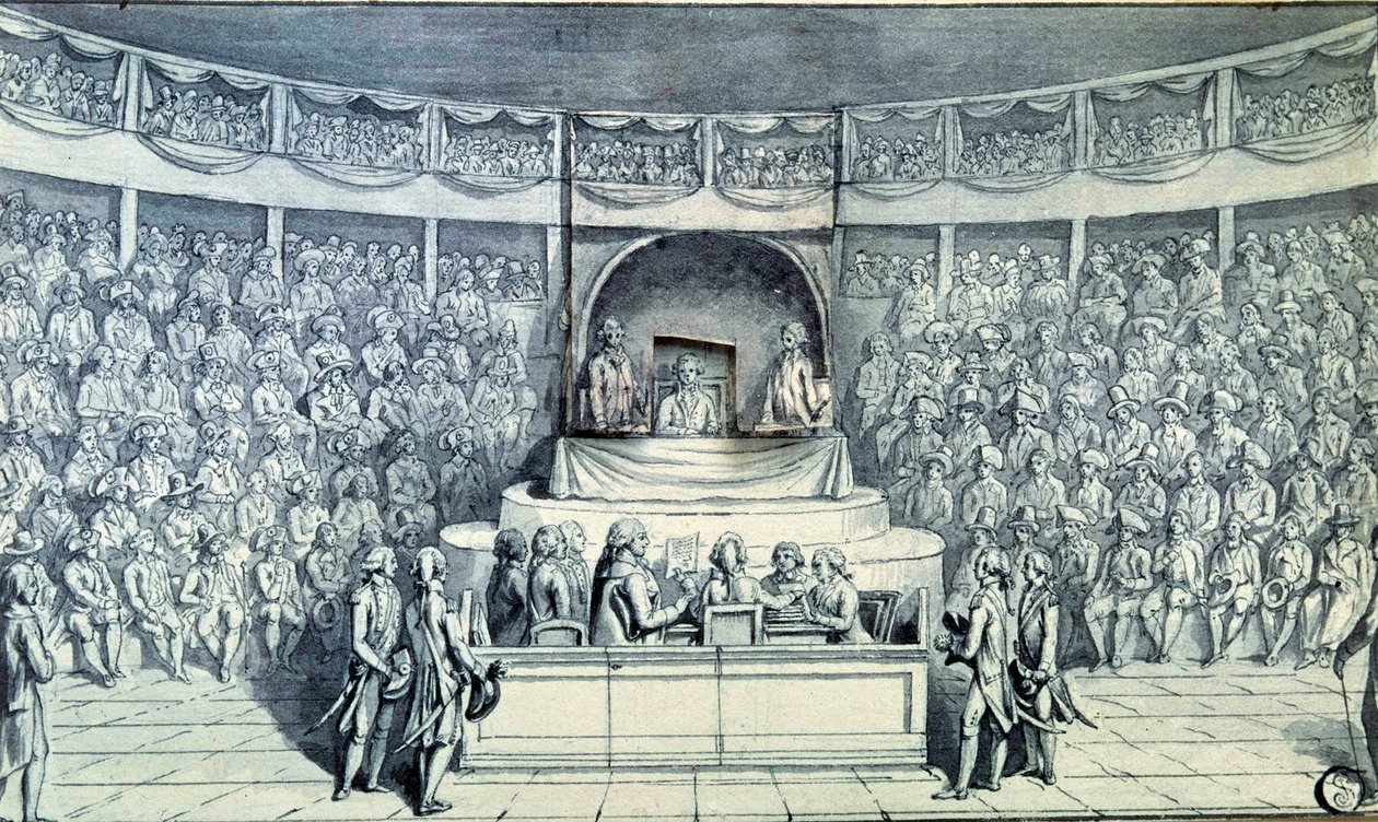 Franse Revolutie: Koning Lodewijk XVI (1754-1793) aan het roer wordt ondervraagd door Antoine Barnave (1761-1793) tijdens zijn proces voor de Nationale Conventie die zal beslissen over zijn doodvonnis op 21/01/1793. Anonieme tekening rond 1793. Parijs, Lou door French School