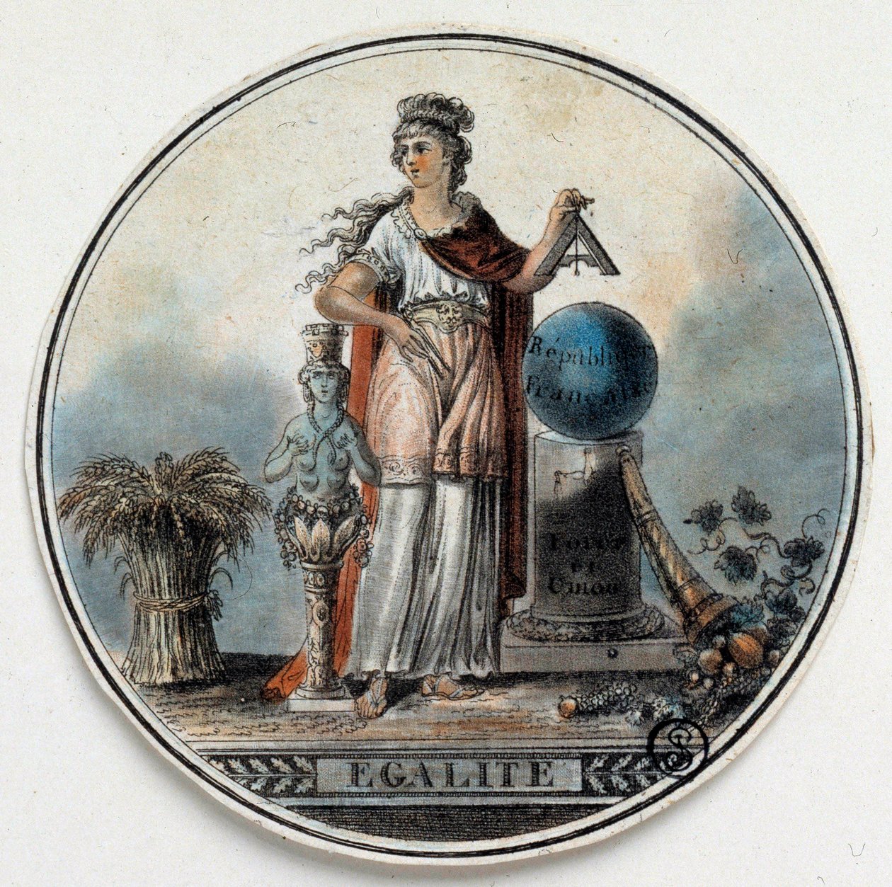 Franse Revolutie: allegorie van Gelijkheid als een vrouw die een vierkant vasthoudt bij de Franse republiek, een hoorn des overvloeds. Eind 18e eeuw Parijs, B.N. door French School