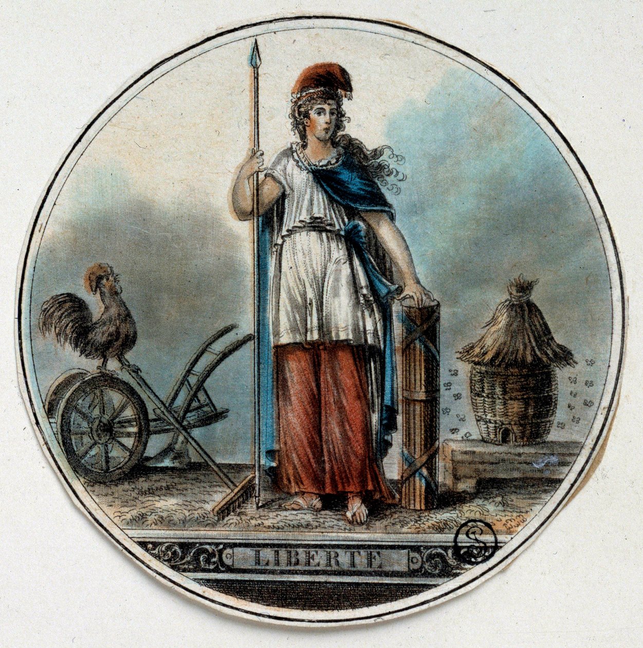 Franse Revolutie: allegorie van Vrijheid als een vrouw bij een bijenkorf en een haan door French School