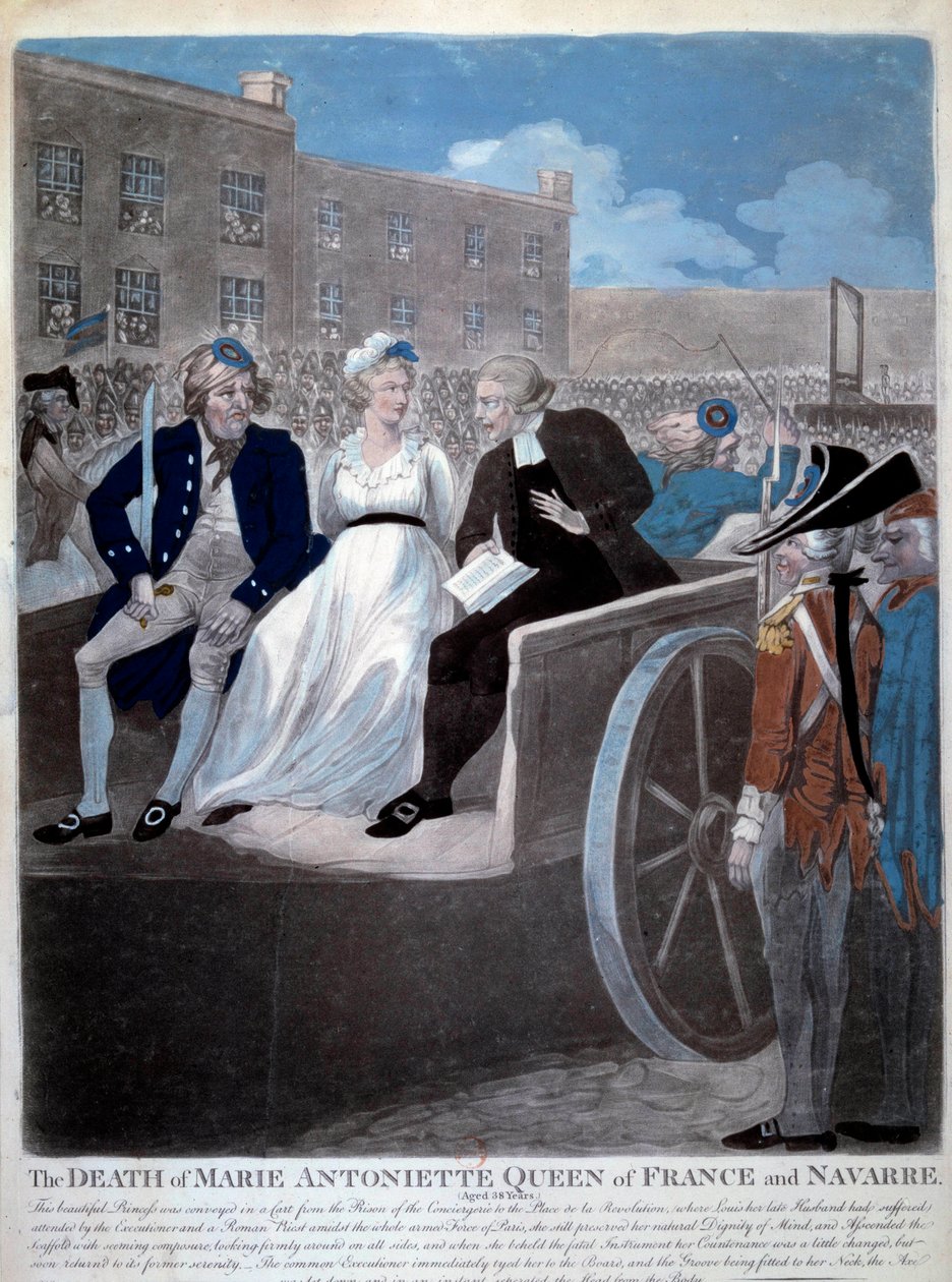 Franse Revolutie: "de koningin van Frankrijk Marie Antoinette (1755-1793) wordt naar de guillotine gebracht. Gravure uit 1793. Parijs, Bibliotheek van het Arsenaal door French School
