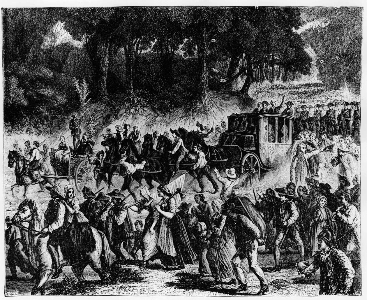 Franse Revolutie: de aankomst van de koninklijke familie (Lodewijk XVI en Marie Antoinette) in Parijs, 5 oktober 1789 - gravure door French School