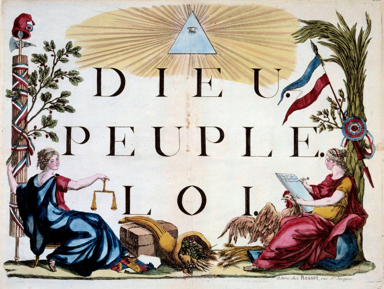 Franse Revolutie: de goddelijke driehoek die God, het Volk en de Wet verlicht, de allegorieën van Frankrijk, Justitie, Overvloed en de republiek door French School