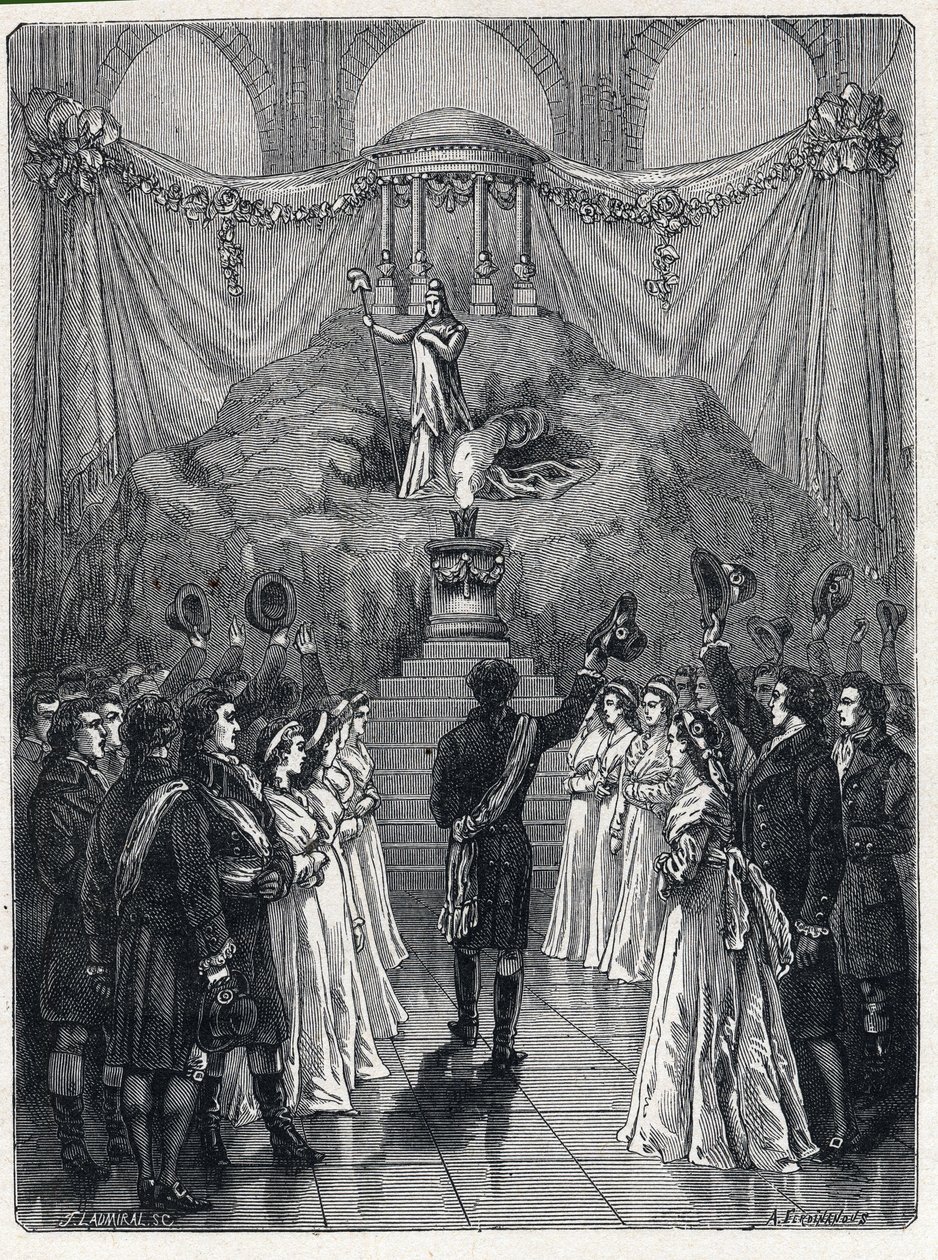 Franse Revolutie: de godin van de rede in de Notre Dame kathedraal in Parijs tijdens een viering ter ere van de vernietiging van het fanatisme op 10 november. door French School