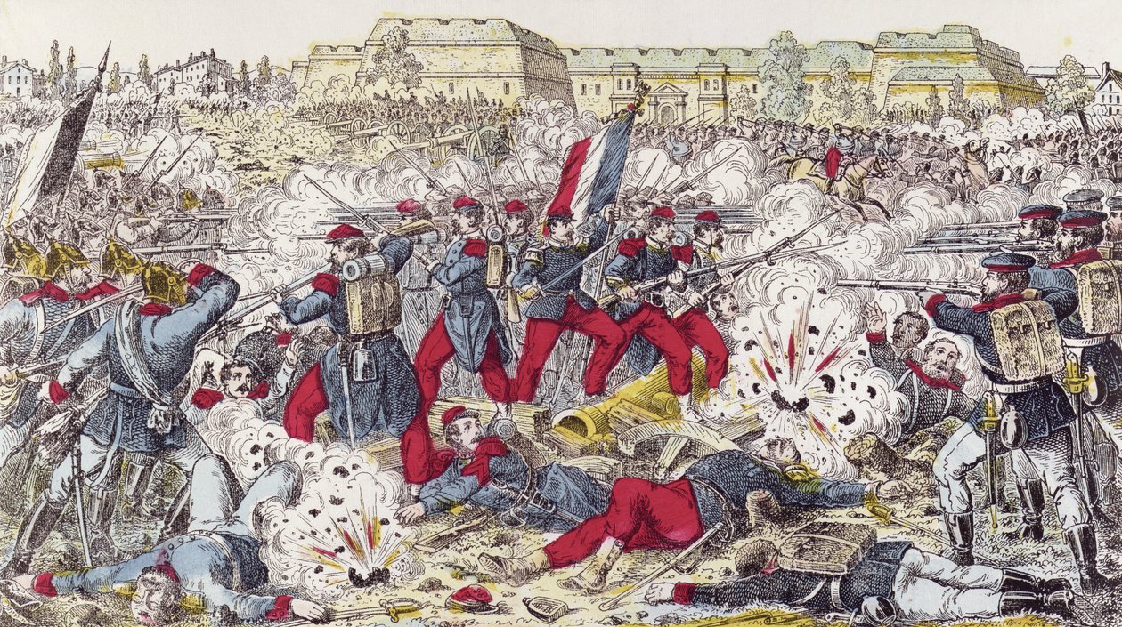 Franse troepen omsingeld door het Pruisische leger bij de slag om Sedan, 31 augustus 1870 door French School