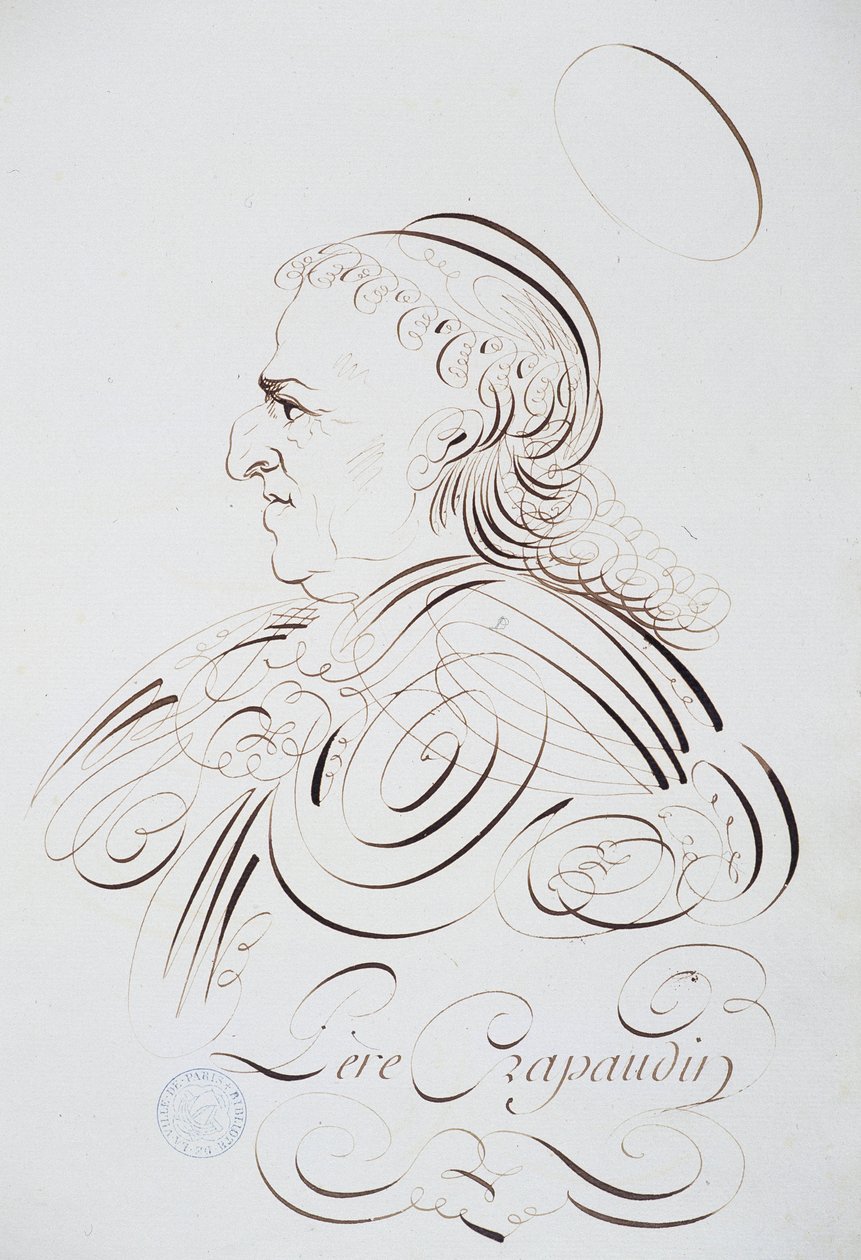 Franse kalligrafie: Portret van Vader Crapaudin door Bernard van Parijs rond 1780. Historische bibliotheek van de stad Parijs. door French School