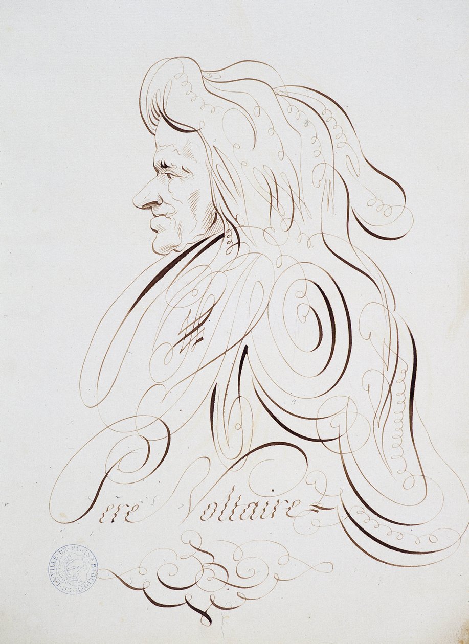 Franse calligrafie: Portret van Vader Voltaire door Bernard de Paris rond 1780. Historische bibliotheek van de stad Parijs door French School