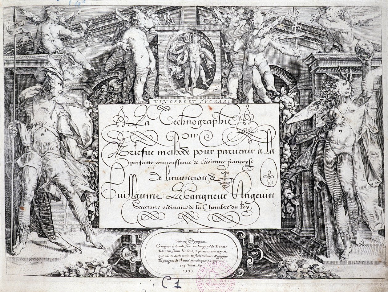 Franse calligrafie: Technografie, frontispice door Guillaume Le Gangneur rond 1599. Historische bibliotheek van de stad Parijs door French School