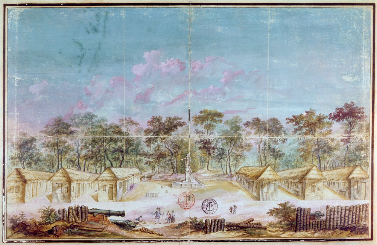 Franse kolonisten vestigen zich op het strand van Kourou, Guyana in 1763 door French School