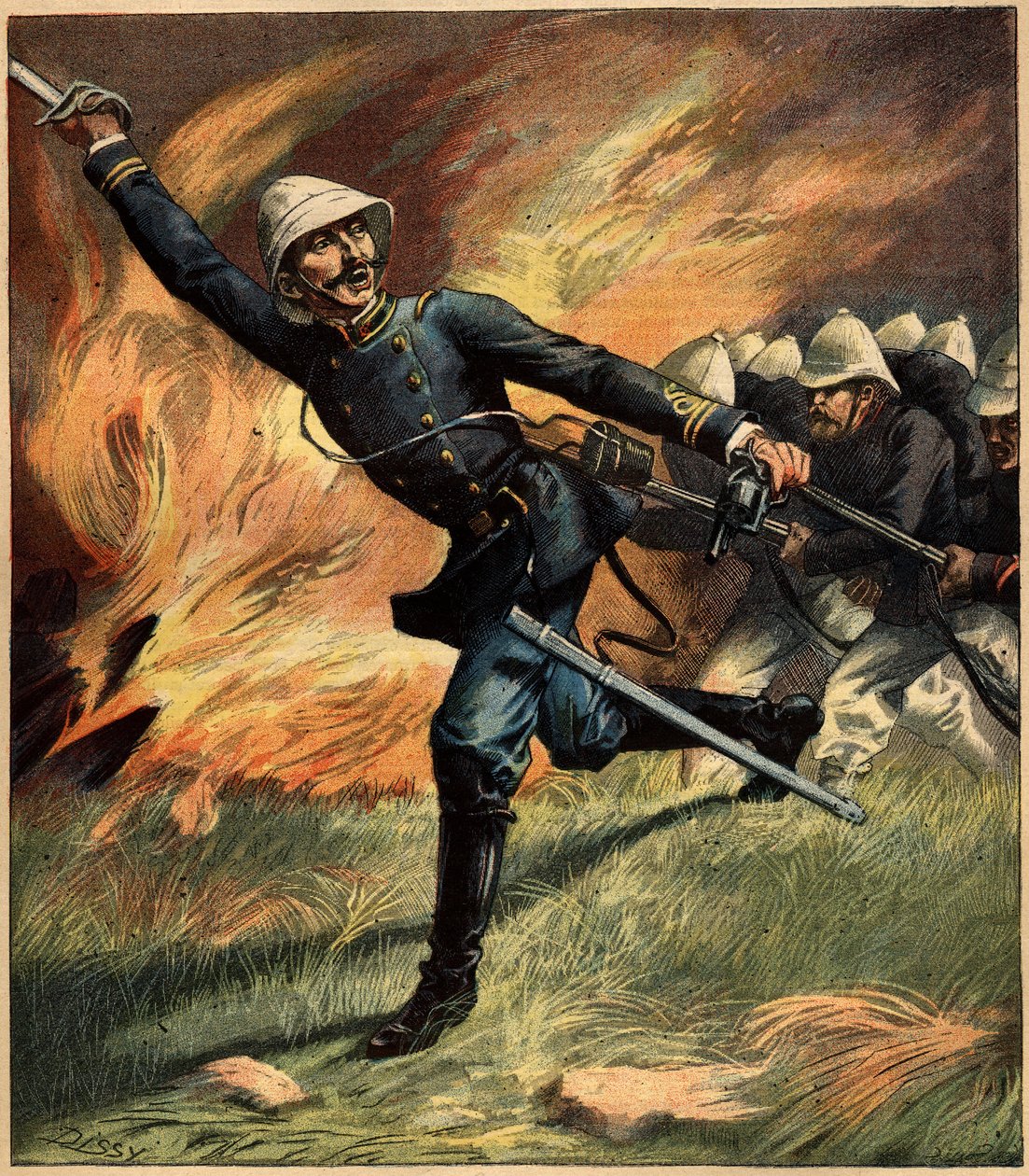 Franse officier in Tonkin (Indochina) tijdens een veldslag tegen het Chinese leger; 1891. Gravure in "La Terre Illustree" n°69 van 25 februari 1892. door French School