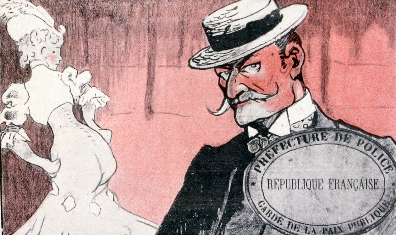 Franse politie observeert een prostituee voor haar arrestatie. 19e eeuw Frankrijk. Franse illustratie 1890 door French School