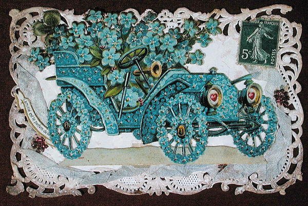 Vriendschapskaart met een auto bedekt met bloemen, begin 20e eeuw door French School