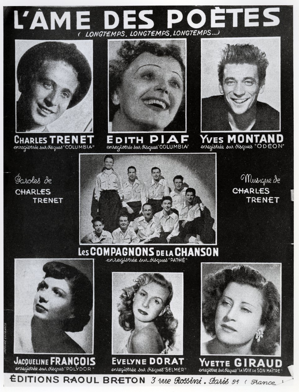 Voorkant van de partituur van het lied LAme des Poetes met tekst en muziek van Charles Trenet, uitgegeven in Parijs door Editions Raoul Breton door French School
