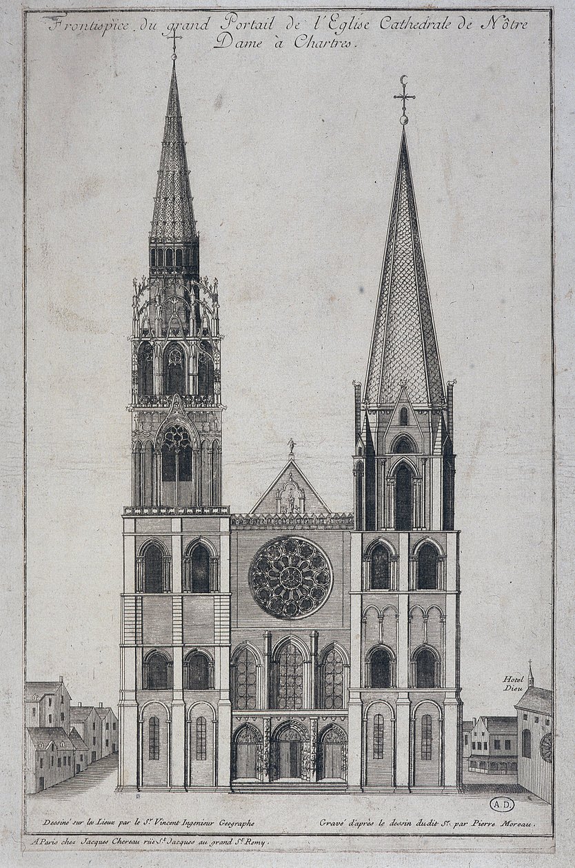 Frontispice van het grote portaal van de Kathedraal Notre Dame in Chartres, ontworpen ter plaatse door Saint Vincent Geograaf Ingenieur, 19e eeuw door French School