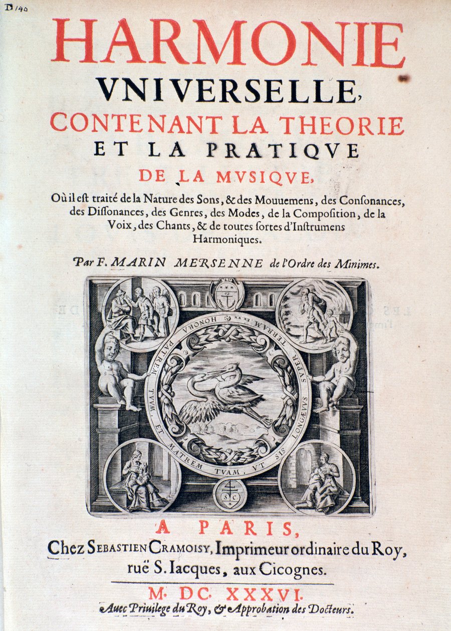 Frontispice van Harmonie universelle contenant la theorie et la pratique de la musique door Marin Mersenne (Marin Mersennus of le Pere Mersenne) (1588-1648), 1637 door French School